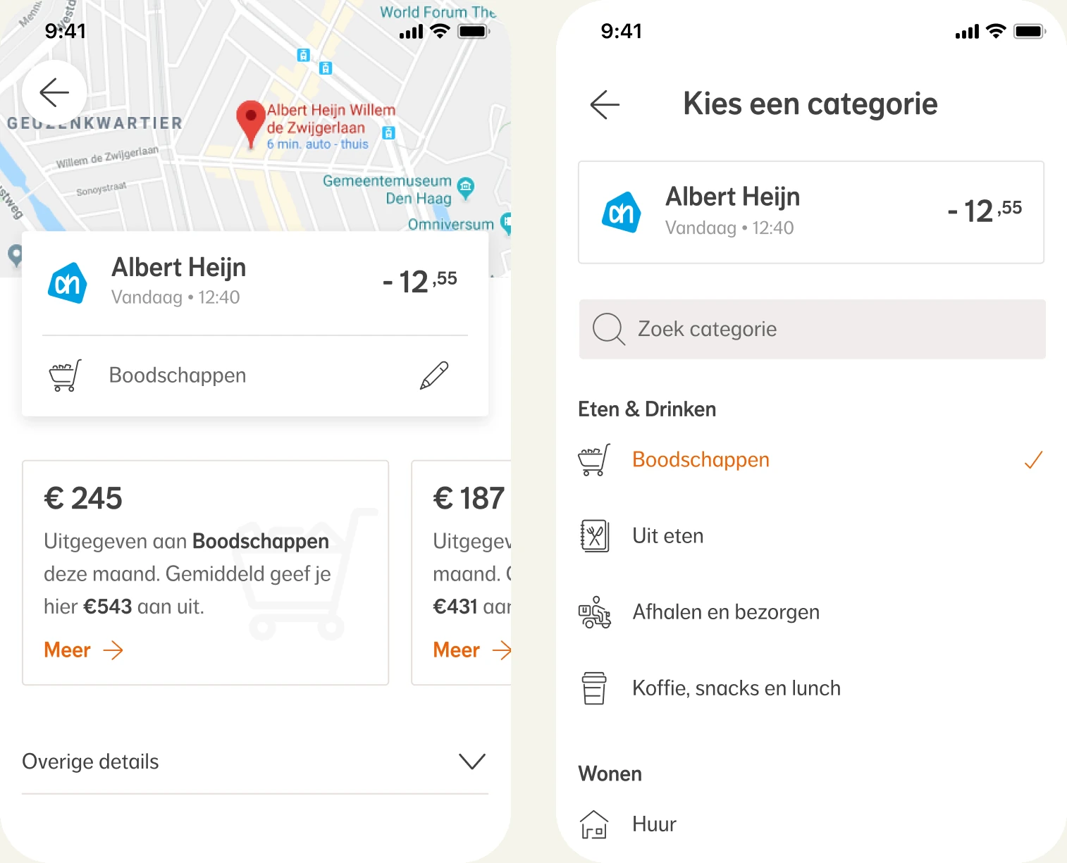 Two app screens. Left: a €12.55 purchase at Albert Heijn, filed under Groceries (Boodschappen) with a pencil to change it, and below it €245 spent on groceries this month against an average of €543. Right: choosing a category for that purchase, with Groceries ticked in the group Food & Drink (Eten & Drinken), next to Eating out, Takeaway and delivery, and Coffee, snacks and lunch, and below that Housing.