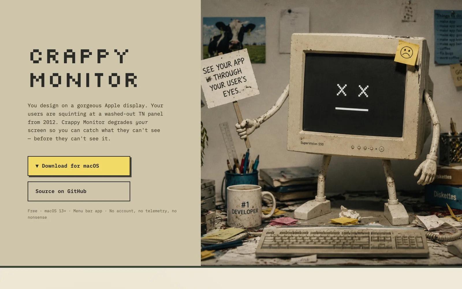The Crappy Monitor site: the name in pixel type next to a battered old monitor holding a sign that says “See your app through your user’s eyes.”
